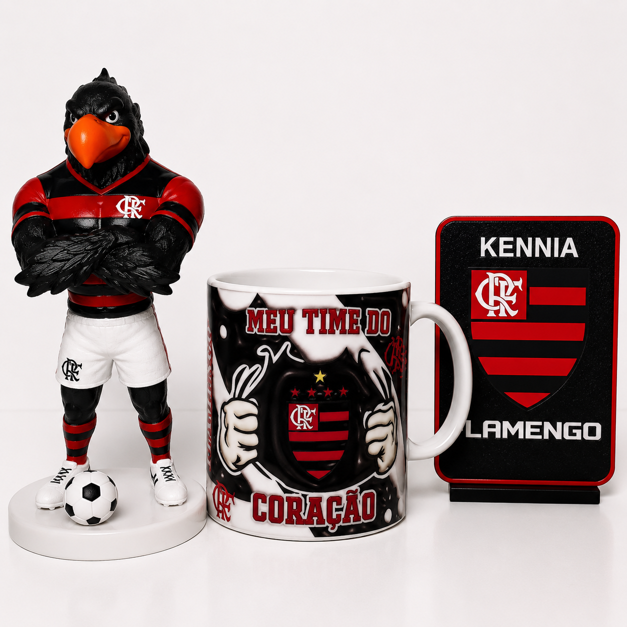 Kit Trio Flamenguista — Mascote + Caneca + Placa
